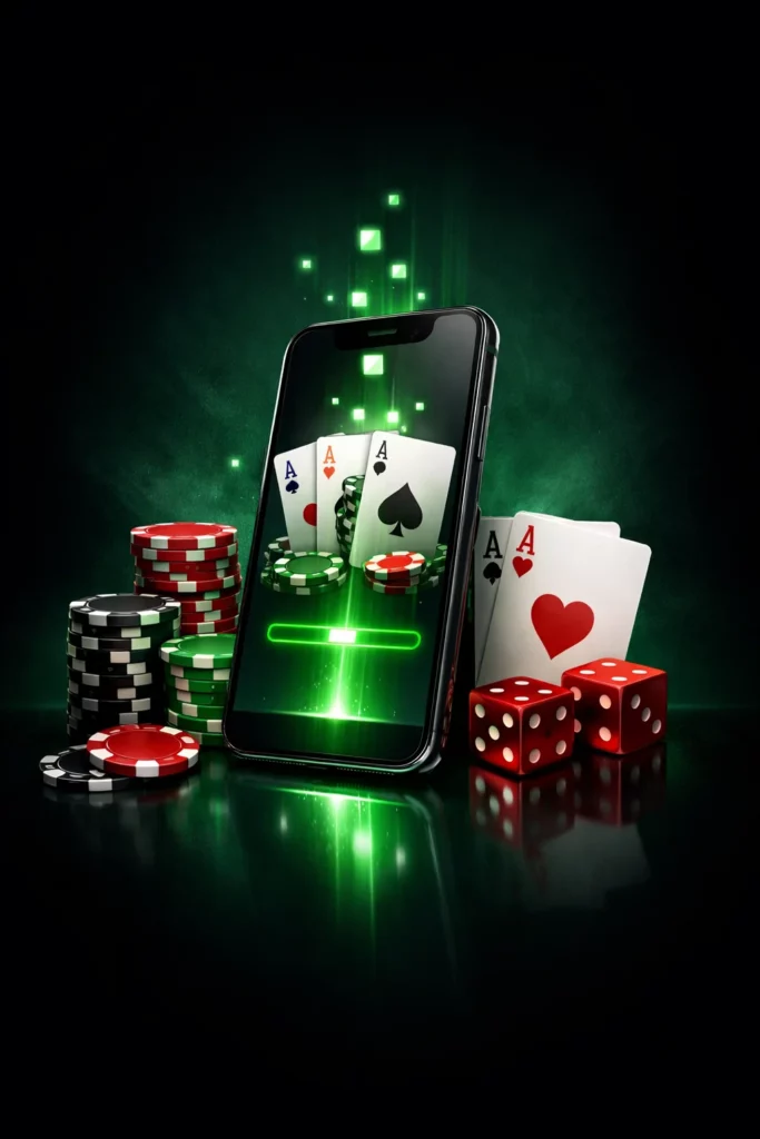 BC Poker mobile app on smartphone with poker chips, cards and premium green glowing background