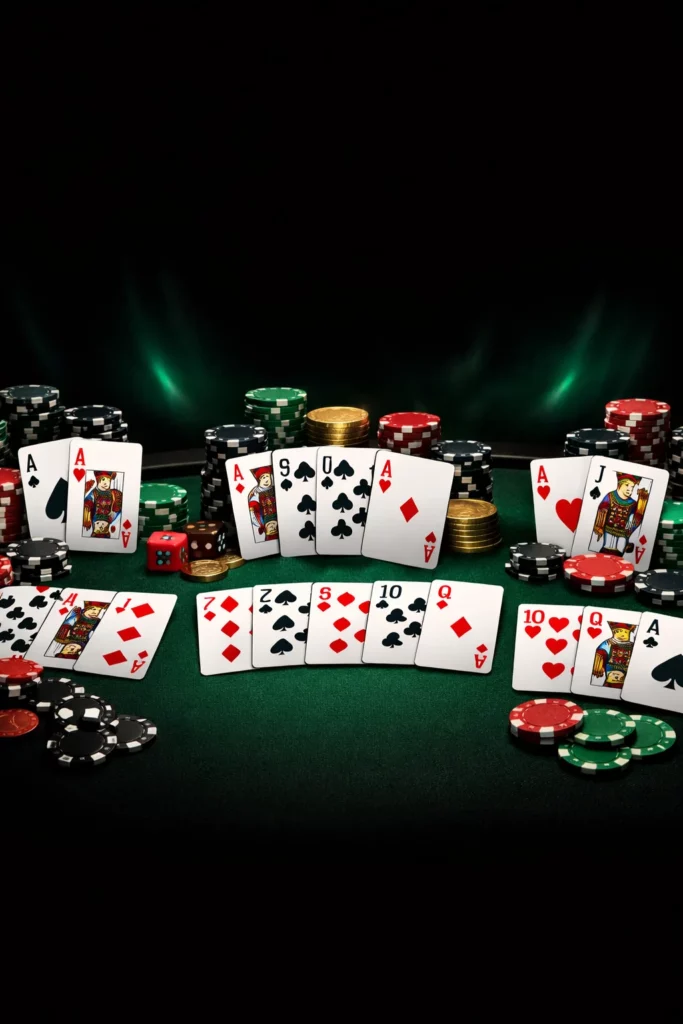 BC Poker game formats visual with poker cards, chips and dynamic green casino lighting