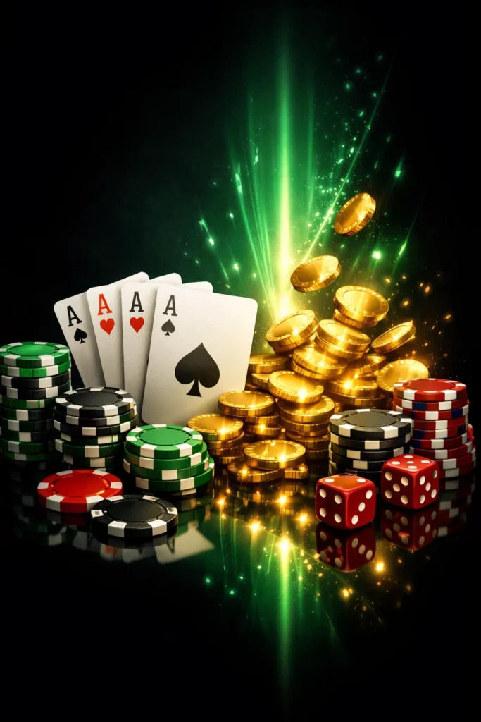 BC Poker welcome bonus image with chips, cards, coins and green glowing reward effect